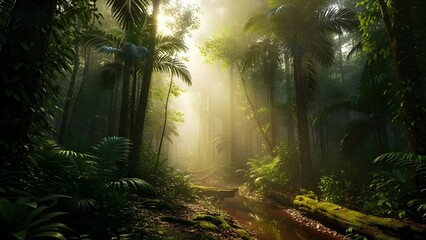 Naklejka premium Sunlight filtering through the dense canopy of a vibrant tropical rainforest, illuminating a serene path through lush green foliage.