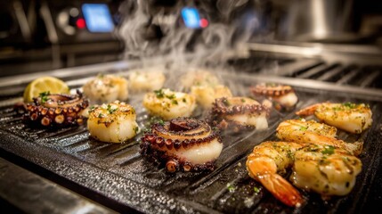Seafood barbecue with cooking grill in restaurant kitchen