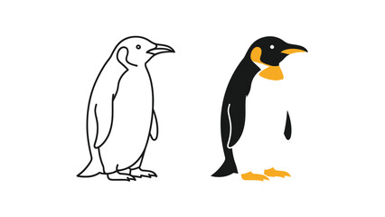 Obraz premium Two distinct emperor penguin illustrations presented side by side showing an outline version next to a fully colored version for comparison