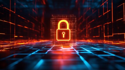Cybersecurity protection digital padlock on glowing network data grid