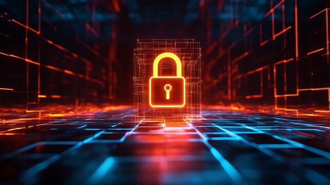 Cybersecurity protection digital padlock on glowing network data grid - Powered by Adobe