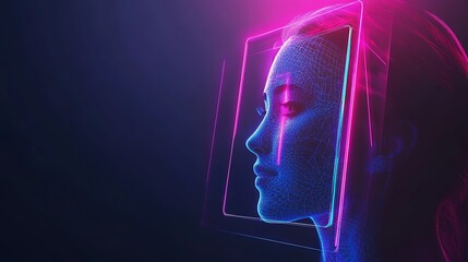 Digital identity of a woman in a glowing neon cybernetic landscape