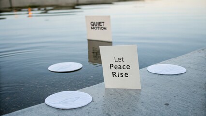 Tranquil Water Scene Featuring Inspirational Signs with Messages of Peace and Serenity Amidst Calm Reflections