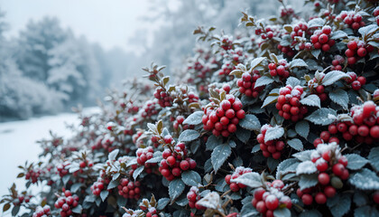 Winter holly bush with red berries and frost crystals