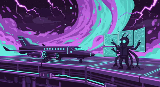 Futuristic Alien Being Standing on a Space Station Platform