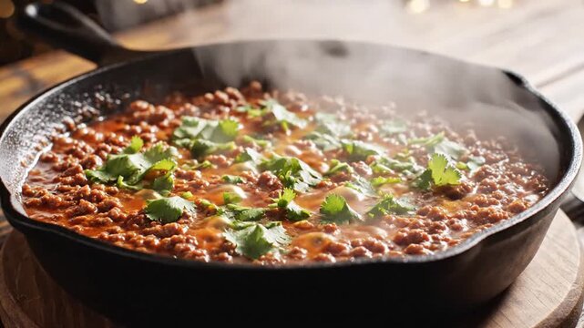 A steaming cast-iron skillet brims with a red bean chili, garnished with fresh herbs. Steams softly