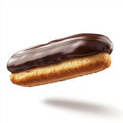 Flying chocolate &eacute;clair, isolated on a white background, gracefully suspended in mid-air.