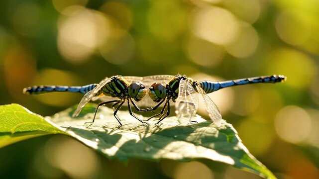 Two dragonflies entwined on a leaf, vivid blue bodies gleaming in warm sunlight. Soft breeze around