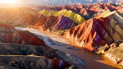 Colorful layered rock formations in a mountainous desert landscape with a winding river at sunrise