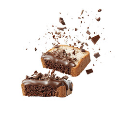 Obraz premium Flying chocolate toast, isolated against a white background, dynamic and tempting. cutout png