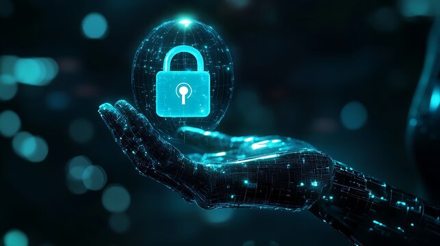 A robotic hand holds a glowing blue digital padlock in a futuristic setting - Powered by Adobe