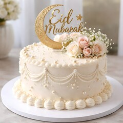 An ornate cake topper displaying "Eid Mubarak," embellished with colorful patterns and festive motifs