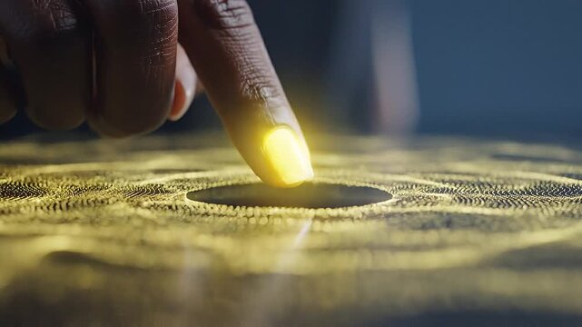 Close-up of a human finger activating a glowing futuristic digital interface on a dark background for artificial intelligence concept and data interaction