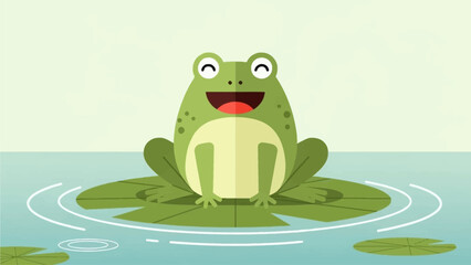 Fototapeta premium This charming flat design illustration depicts a relaxed and happy frog character peacefully resting on a large green lily pad in a tranquil pond. 