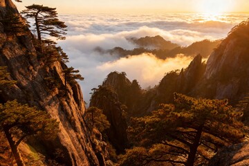 Sunrise over mountain peaks with sea of clouds and pine trees