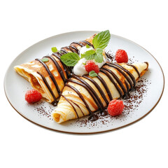 Chocolate crepe on a plate, isolated on a white background, elegantly presented to showcase its appetizing features. PNG