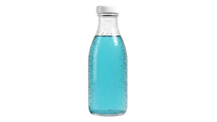 A bottle of blue liquid with a white cap on a black background