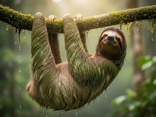 Fototapeta premium Relaxed sloth hanging upside down on a mossy branch