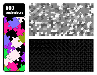 The puzzle grid is a set of 500 pieces of varying colors and shapes, including black, white, and gray areas. This layout is suitable for game development and educational purposes.
