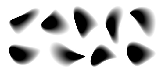 Ten blurry, abstract shapes float on a white background. These shapes have varied forms in monochrome gradient, ranging from dark to light shades of gray.