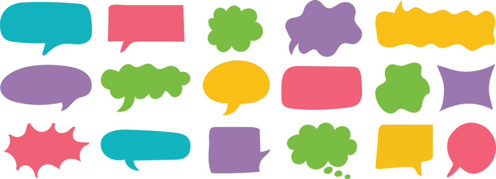 Collection of colorful hand drawn speech bubbles and thought clouds in various shapes and sizes on a light background 