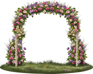 Floral archway with pink purple and white flowers on green grass isolated on a transparent background