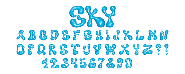 Colorful wavy 3D font depicting liquid letters and numbers with a glossy reflective texture on a white background.