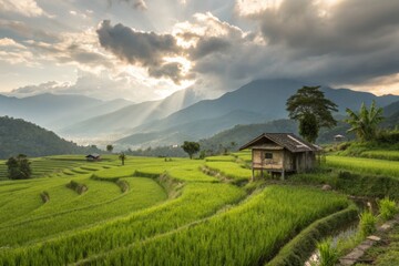 Picturesque view of a house nestled in a lush rice terrace valley