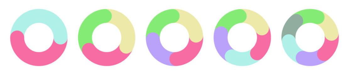 循環型プロセスを示すカラフルな円形チャート図形のセット　2・3・4・5・6ステップのサイクル図のベクターイラスト画像