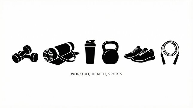 Black silhouettes of fitness and gym equipment including dumbbells yoga mat and shoes, workout sports concept illustration
