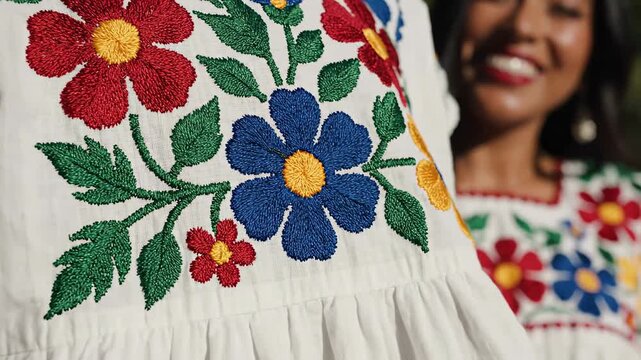 Close-up of a womans traditional embroidered dress with colorful floral patterns.