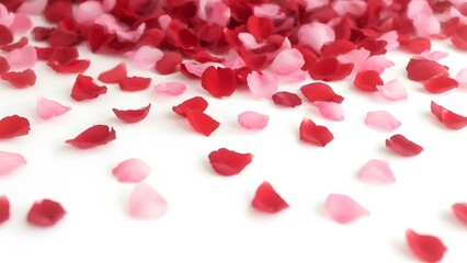 Rose petals scattered on white background