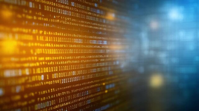 Digital Stream: Binary code cascades across the screen, a mesmerizing display of digital information and innovation, rendered in warm gold and cool blue hues, symbolizing the core of the digital age.