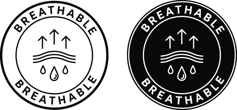 Breathable fabric label icon vector illustration air flow moisture wicking textile badge in outline and solid styles
