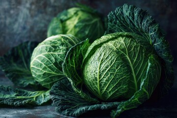 Fototapeta premium Fresh green leafy cabbages perfect for salads and cooking arranged on a dark stone background in a kitchen setting