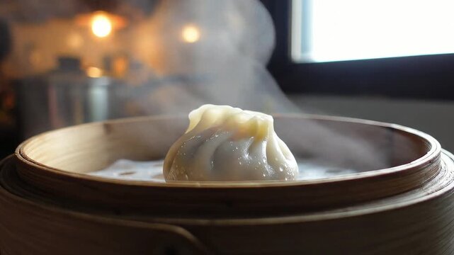 Steaming hot soup dumpling in bamboo
