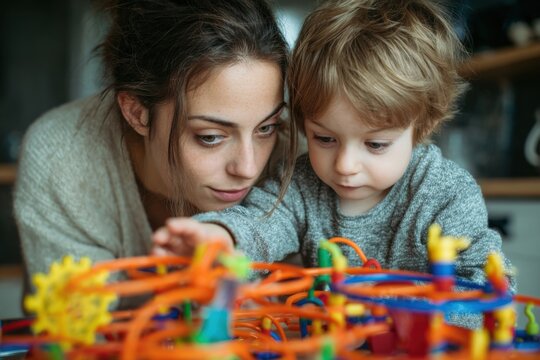 Mother watches her young child happily engaged in creative play with colorful educational toys in a cozy indoor setting
