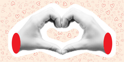 Fototapeta premium Halftone retro hands making heart shape, vector vintage collage sticker of love gesture and romance symbol