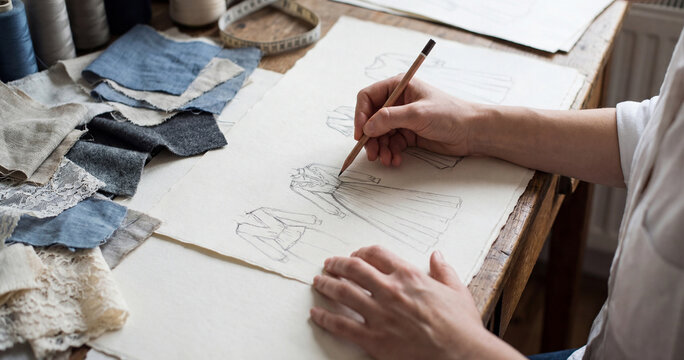 Creative hands sketching fashion designs on paper, surrounded by textile swatches, capturing the intricate process of apparel creation and textile craftsmanship
