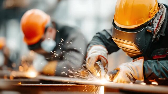 Industrial Artisans: A focused close-up captures a worker in protective gear, sparks flying as he meticulously grinds metal in an industrial setting.