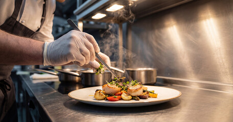 A professional chef meticulously garnishes a gourmet dish using precision tongs in a high-end kitchen, emphasizing culinary artistry and fine dining preparation.