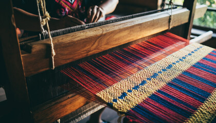 Artisan weaving vibrant textile on traditional wooden loom