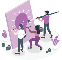 Artists Collaborating on a Large-Scale Art Project with Paint and Brushes in a Creative Studio Environment from a High Angle View