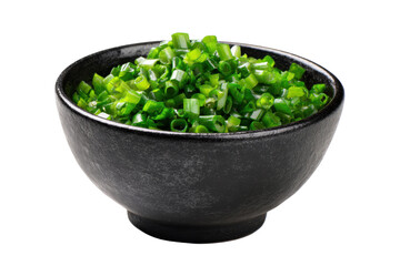 A bowl filled with chopped green onions is placed on a white surface. The bowl is black in color and the onions are cut into small pieces, png