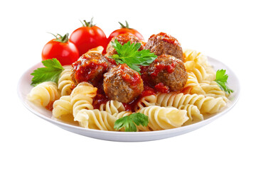 A plate of meatballs and pasta with a garnish of parsley. The plate is white and the food is red, png