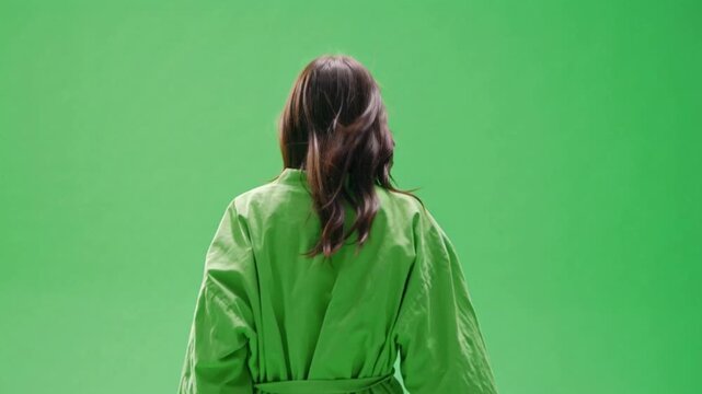 Back view of a woman wearing a green jacket against a green background.