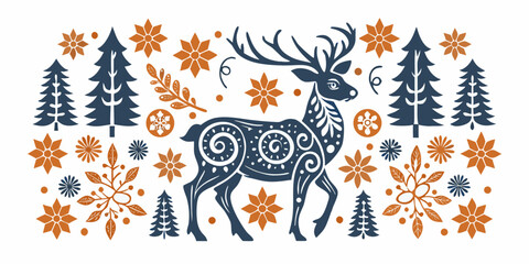Stylized reindeer with pine trees and floral ornaments in a folk art design © Milton