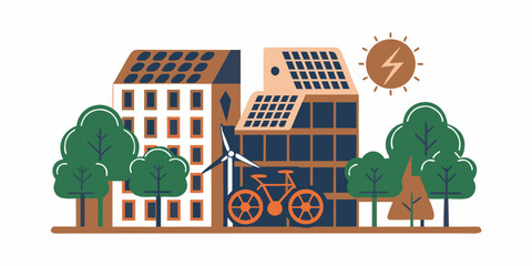 Sustainable city illustration depicting renewable energy green spaces and eco friendly transport