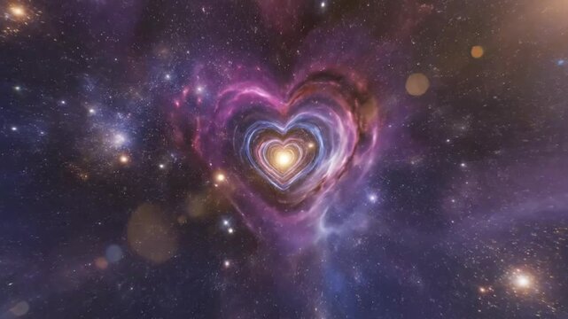 Cosmic tunnel of love with abstract heart shape in the starry space universe with nebula clouds