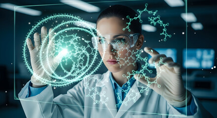 Focused female scientist wearing safety goggles interacts with glowing holographic molecular structures during advanced chemical research.